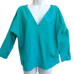 Vintage Michael Hoban North Beach Leather Turquoise Zip Top Long Sleeve V-Neck S